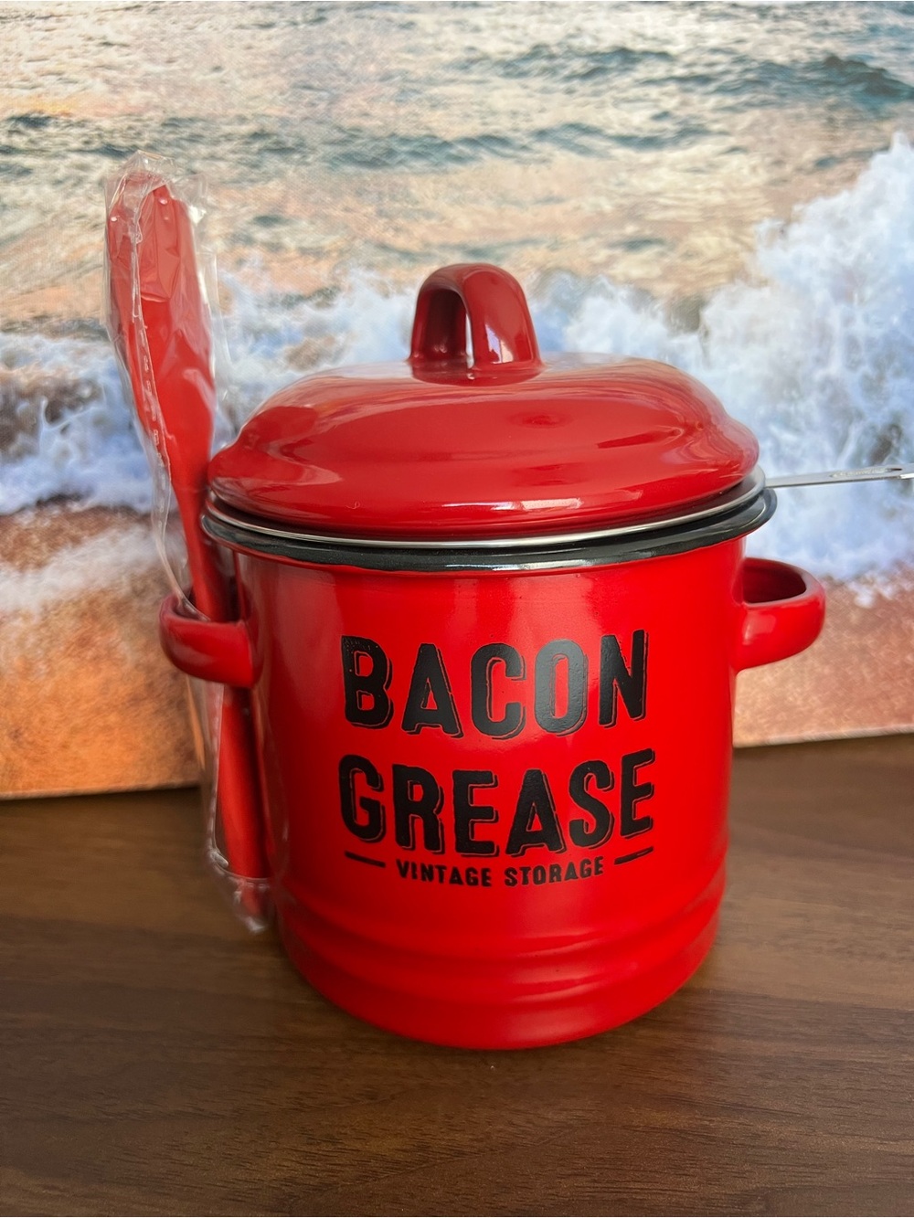 Red Bacon Grease Storage Crock with Spoon